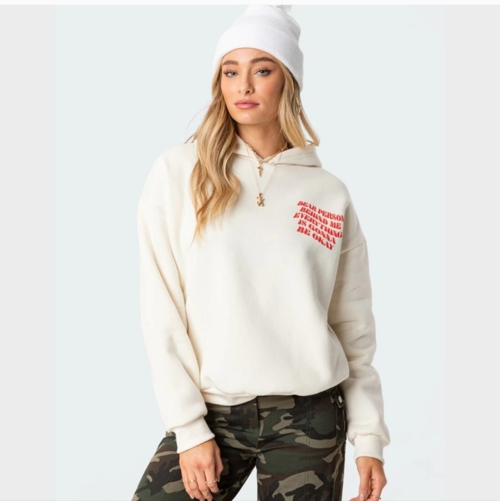 Reason Cream Hoodie with Red Chest Text